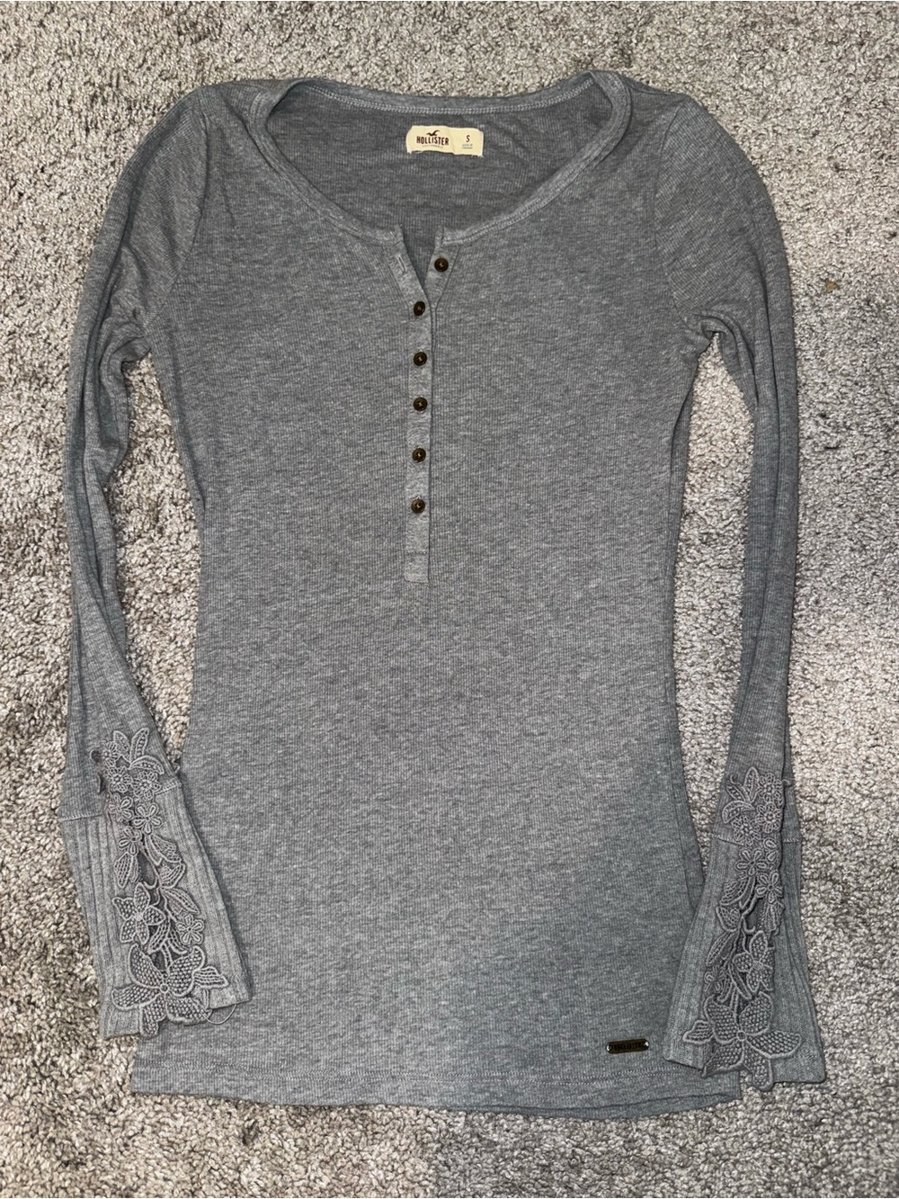 Hollister Gray Long-Sleeve Henley with Lace Cuffs